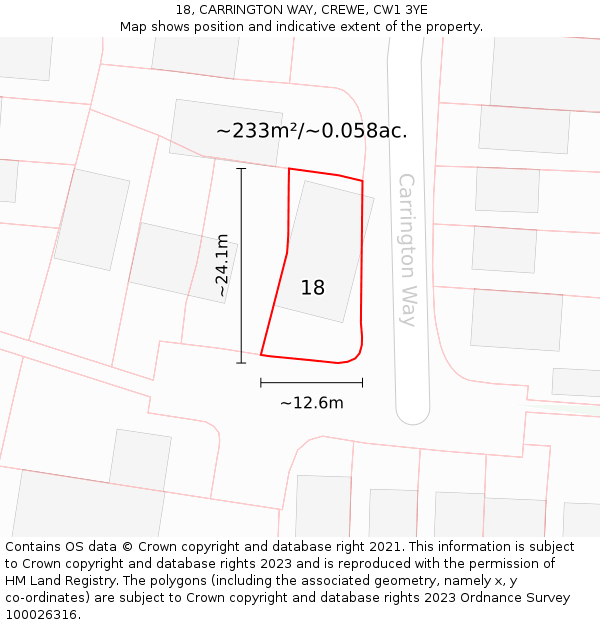 18, CARRINGTON WAY, CREWE, CW1 3YE: Plot and title map