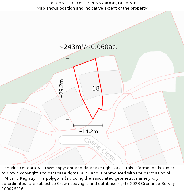 18, CASTLE CLOSE, SPENNYMOOR, DL16 6TR: Plot and title map