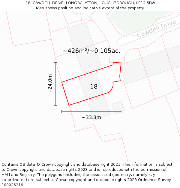 18, CAWDELL DRIVE, LONG WHATTON, LOUGHBOROUGH, LE12 5BW: Plot and title map