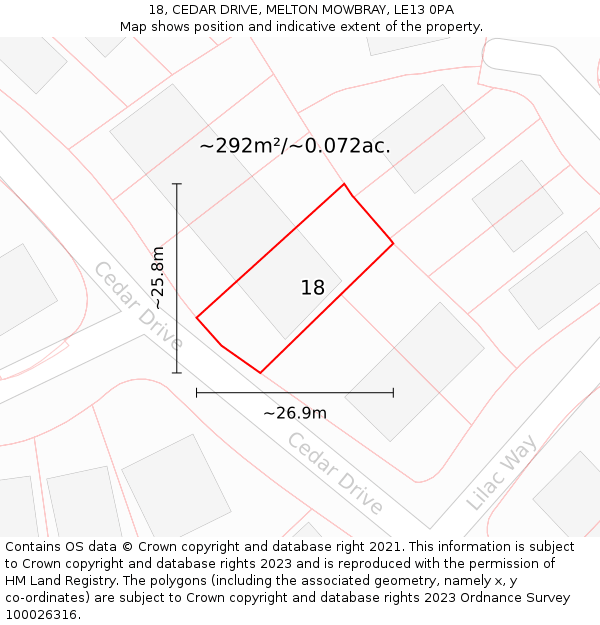 18, CEDAR DRIVE, MELTON MOWBRAY, LE13 0PA: Plot and title map