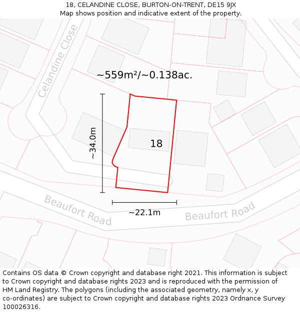 18, CELANDINE CLOSE, BURTON-ON-TRENT, DE15 9JX: Plot and title map