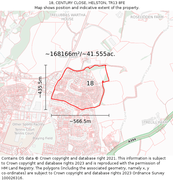 18, CENTURY CLOSE, HELSTON, TR13 8FE: Plot and title map