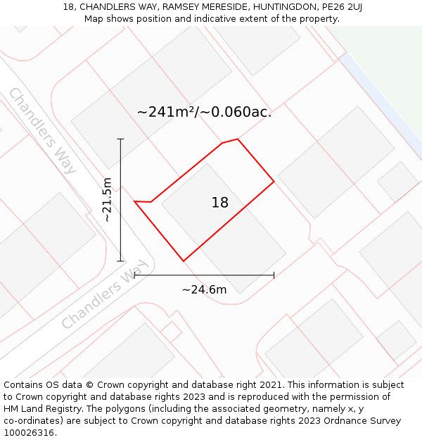 18, CHANDLERS WAY, RAMSEY MERESIDE, HUNTINGDON, PE26 2UJ: Plot and title map