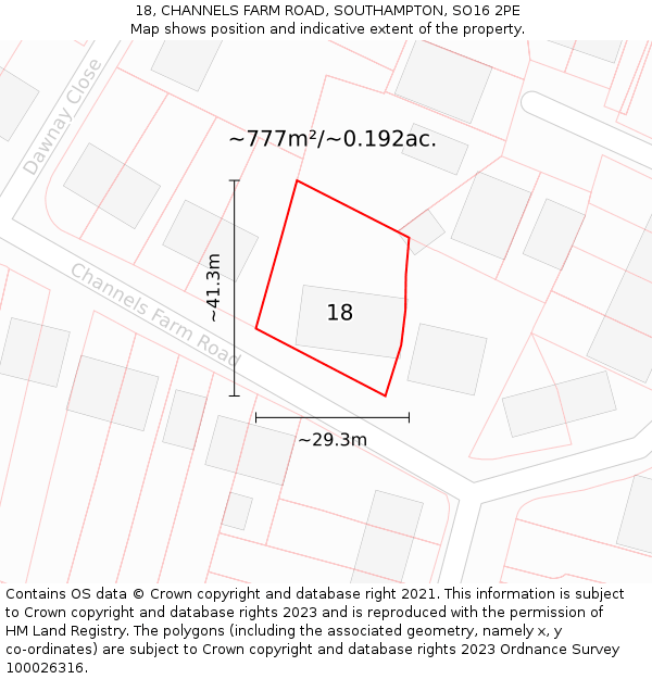 18, CHANNELS FARM ROAD, SOUTHAMPTON, SO16 2PE: Plot and title map