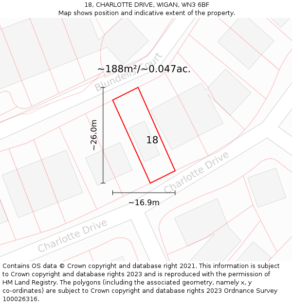 18, CHARLOTTE DRIVE, WIGAN, WN3 6BF: Plot and title map