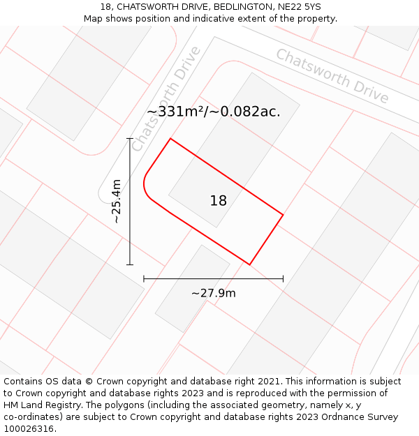 18, CHATSWORTH DRIVE, BEDLINGTON, NE22 5YS: Plot and title map