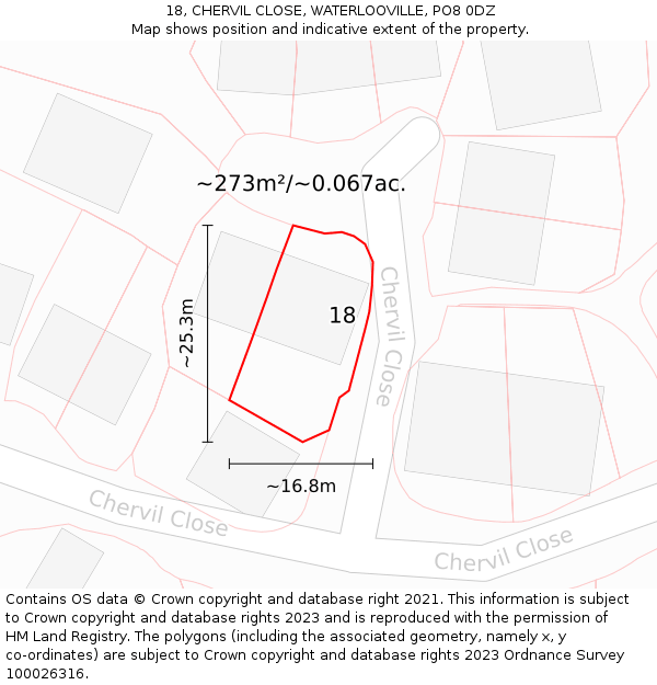 18, CHERVIL CLOSE, WATERLOOVILLE, PO8 0DZ: Plot and title map