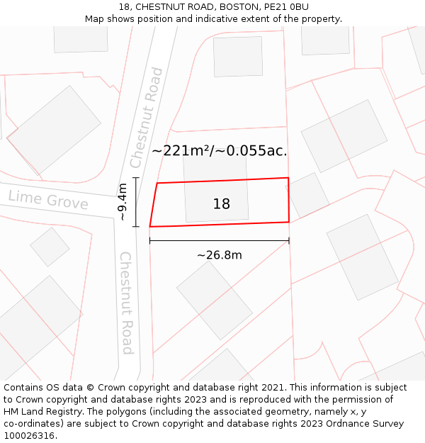 18, CHESTNUT ROAD, BOSTON, PE21 0BU: Plot and title map