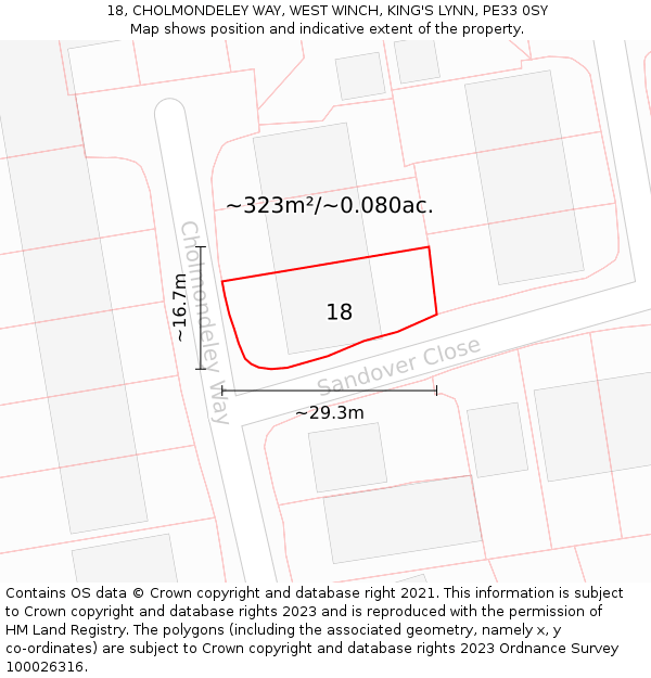 18, CHOLMONDELEY WAY, WEST WINCH, KING'S LYNN, PE33 0SY: Plot and title map