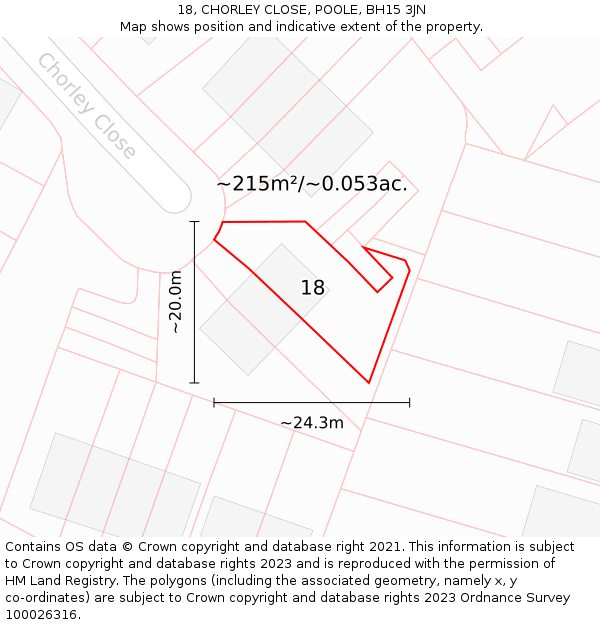 18, CHORLEY CLOSE, POOLE, BH15 3JN: Plot and title map