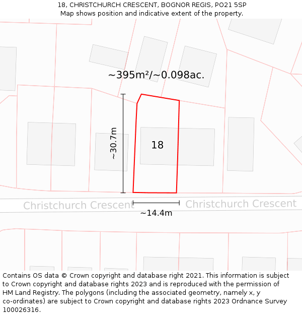 18, CHRISTCHURCH CRESCENT, BOGNOR REGIS, PO21 5SP: Plot and title map