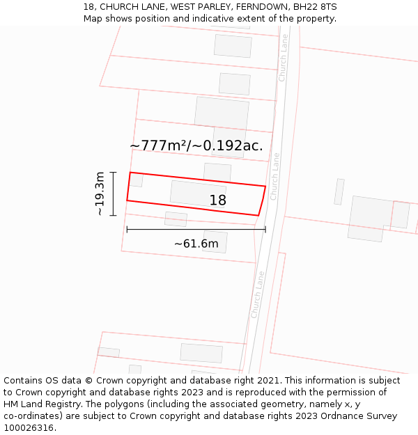 18, CHURCH LANE, WEST PARLEY, FERNDOWN, BH22 8TS: Plot and title map