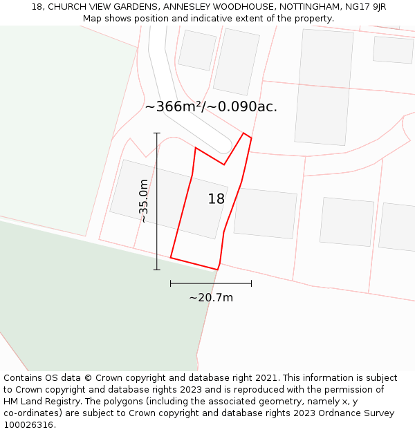 18, CHURCH VIEW GARDENS, ANNESLEY WOODHOUSE, NOTTINGHAM, NG17 9JR: Plot and title map