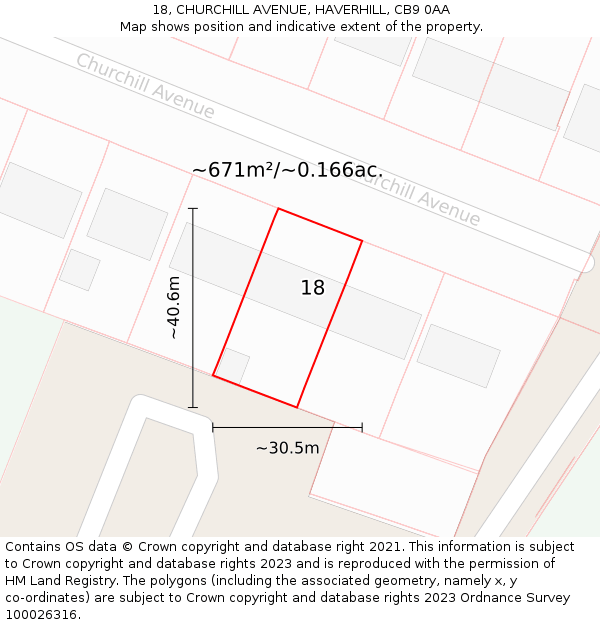 18, CHURCHILL AVENUE, HAVERHILL, CB9 0AA: Plot and title map