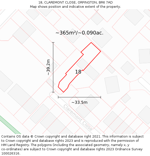 18, CLAREMONT CLOSE, ORPINGTON, BR6 7AD: Plot and title map