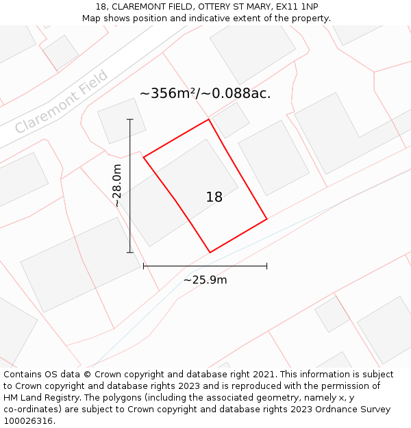 18, CLAREMONT FIELD, OTTERY ST MARY, EX11 1NP: Plot and title map