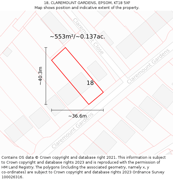 18, CLAREMOUNT GARDENS, EPSOM, KT18 5XF: Plot and title map