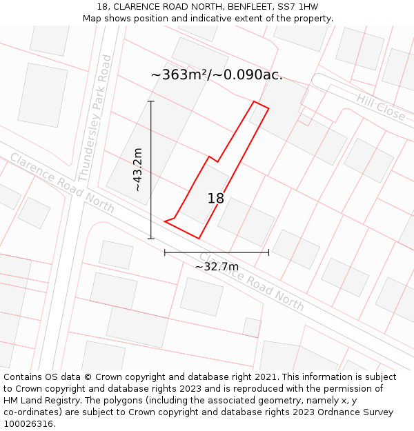 18, CLARENCE ROAD NORTH, BENFLEET, SS7 1HW: Plot and title map