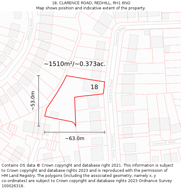 18, CLARENCE ROAD, REDHILL, RH1 6NG: Plot and title map