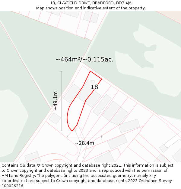 18, CLAYFIELD DRIVE, BRADFORD, BD7 4JA: Plot and title map