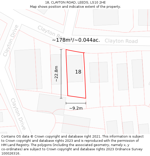 18, CLAYTON ROAD, LEEDS, LS10 2HE: Plot and title map