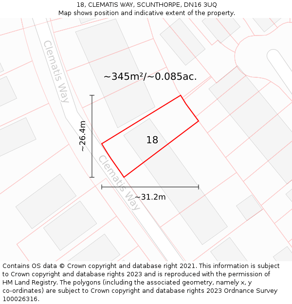 18, CLEMATIS WAY, SCUNTHORPE, DN16 3UQ: Plot and title map