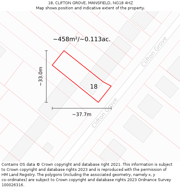 18, CLIFTON GROVE, MANSFIELD, NG18 4HZ: Plot and title map