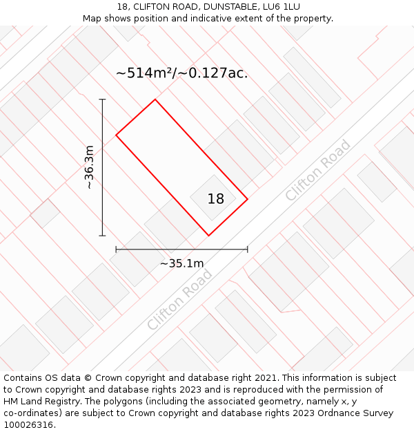 18, CLIFTON ROAD, DUNSTABLE, LU6 1LU: Plot and title map