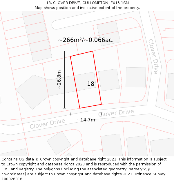 18, CLOVER DRIVE, CULLOMPTON, EX15 1SN: Plot and title map