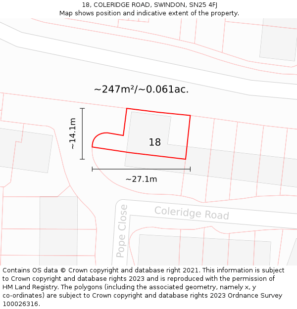 18, COLERIDGE ROAD, SWINDON, SN25 4FJ: Plot and title map