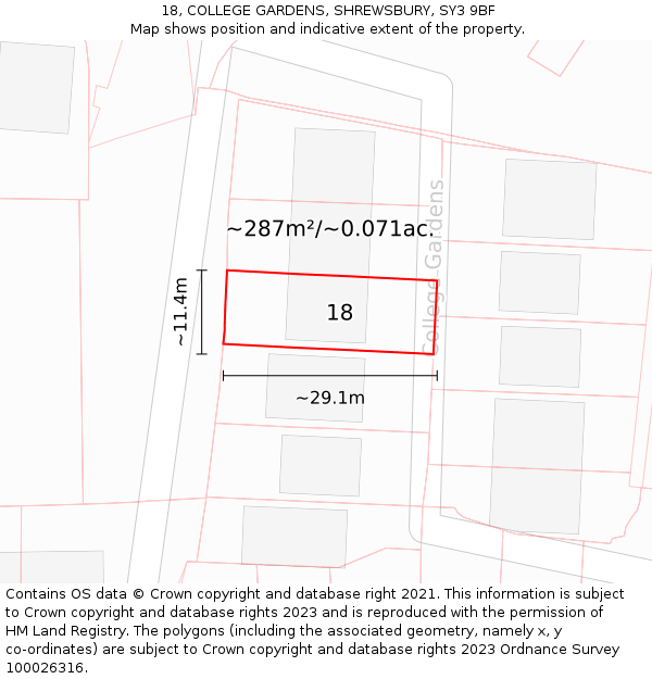 18, COLLEGE GARDENS, SHREWSBURY, SY3 9BF: Plot and title map