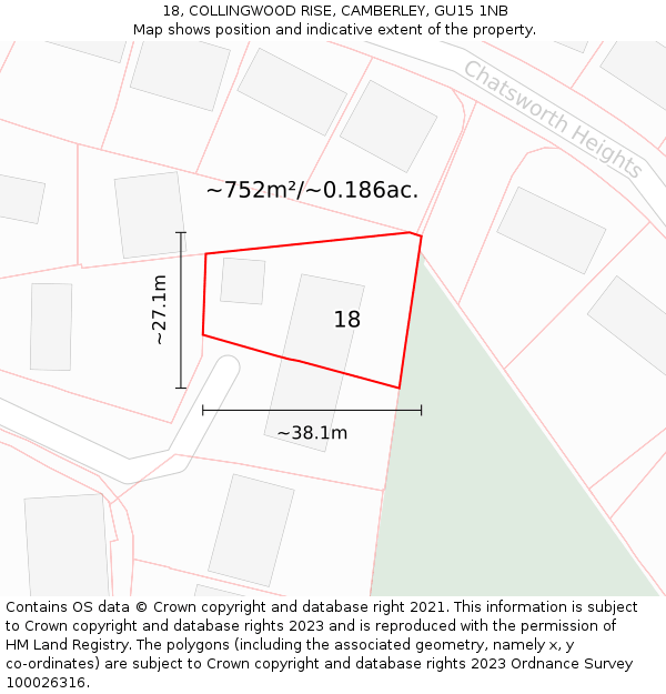 18, COLLINGWOOD RISE, CAMBERLEY, GU15 1NB: Plot and title map