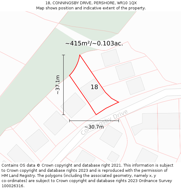 18, CONNINGSBY DRIVE, PERSHORE, WR10 1QX: Plot and title map