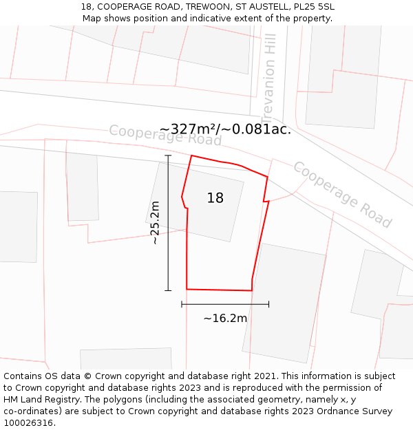 18, COOPERAGE ROAD, TREWOON, ST AUSTELL, PL25 5SL: Plot and title map