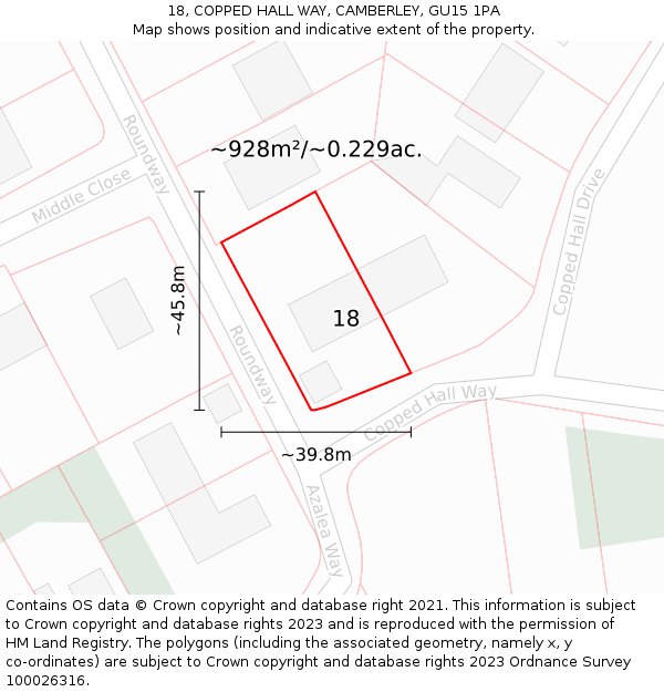 18, COPPED HALL WAY, CAMBERLEY, GU15 1PA: Plot and title map