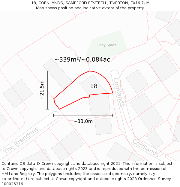 18, CORNLANDS, SAMPFORD PEVERELL, TIVERTON, EX16 7UA: Plot and title map