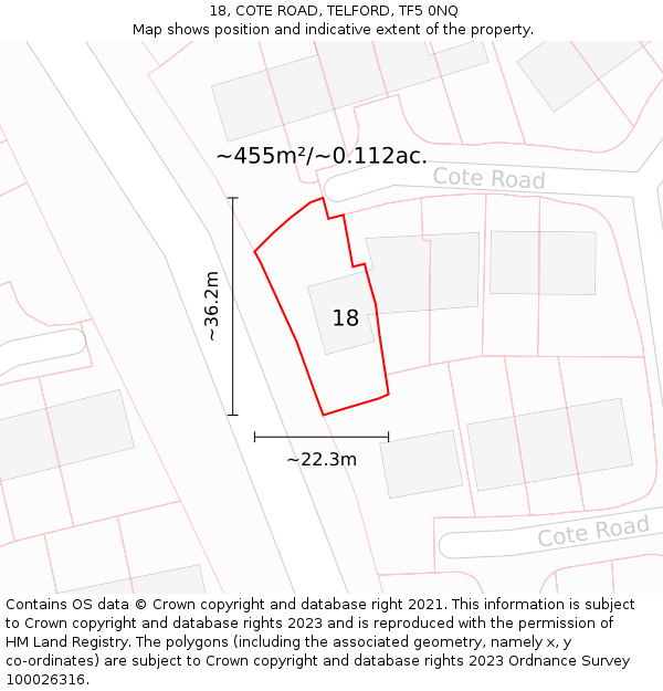 18, COTE ROAD, TELFORD, TF5 0NQ: Plot and title map