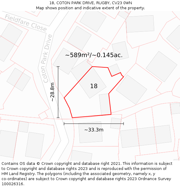 18, COTON PARK DRIVE, RUGBY, CV23 0WN: Plot and title map