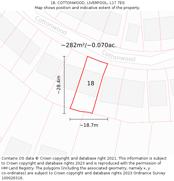 18, COTTONWOOD, LIVERPOOL, L17 7ES: Plot and title map