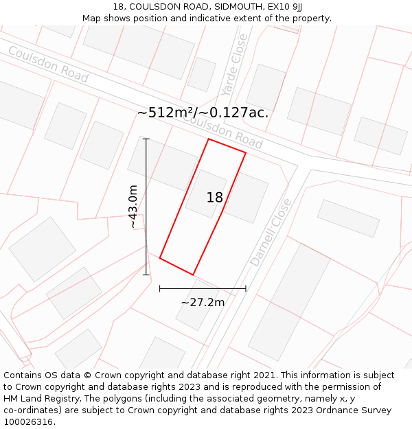 18, COULSDON ROAD, SIDMOUTH, EX10 9JJ: Plot and title map