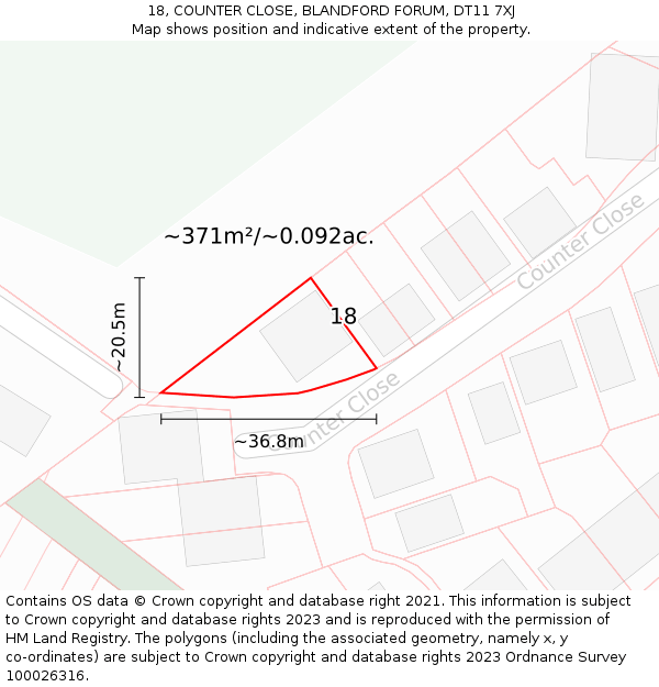 18, COUNTER CLOSE, BLANDFORD FORUM, DT11 7XJ: Plot and title map