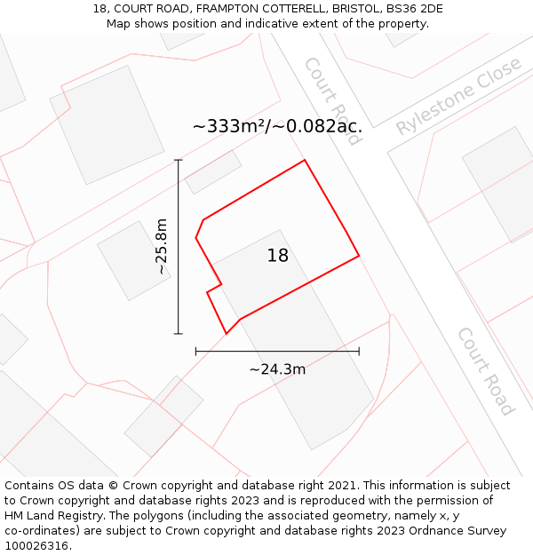 18, COURT ROAD, FRAMPTON COTTERELL, BRISTOL, BS36 2DE: Plot and title map