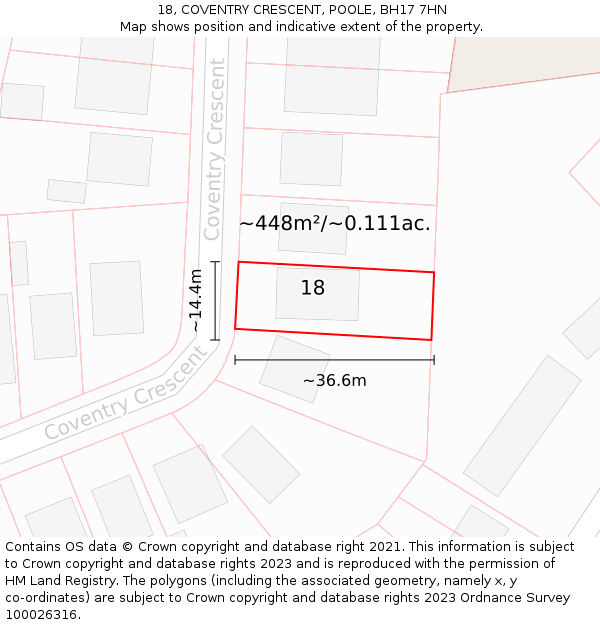18, COVENTRY CRESCENT, POOLE, BH17 7HN: Plot and title map