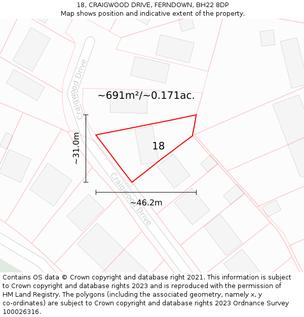 18, CRAIGWOOD DRIVE, FERNDOWN, BH22 8DP: Plot and title map