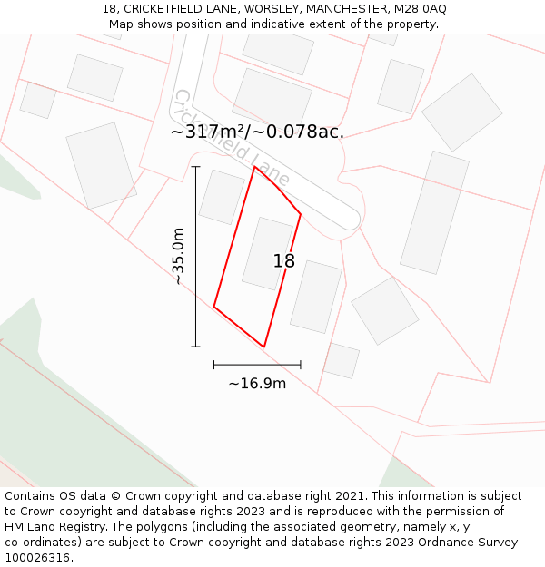 18, CRICKETFIELD LANE, WORSLEY, MANCHESTER, M28 0AQ: Plot and title map