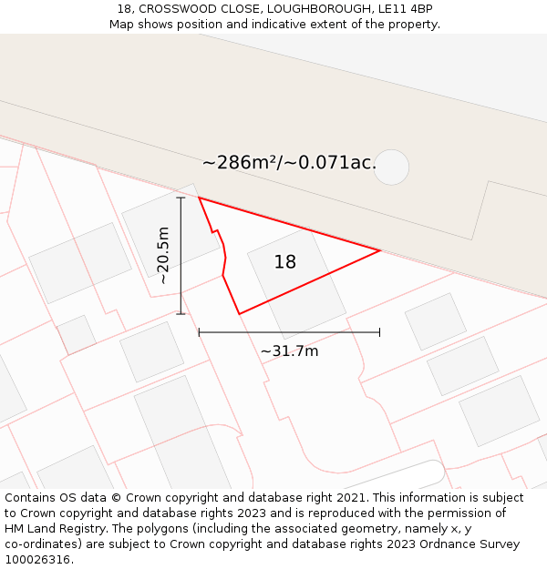 18, CROSSWOOD CLOSE, LOUGHBOROUGH, LE11 4BP: Plot and title map