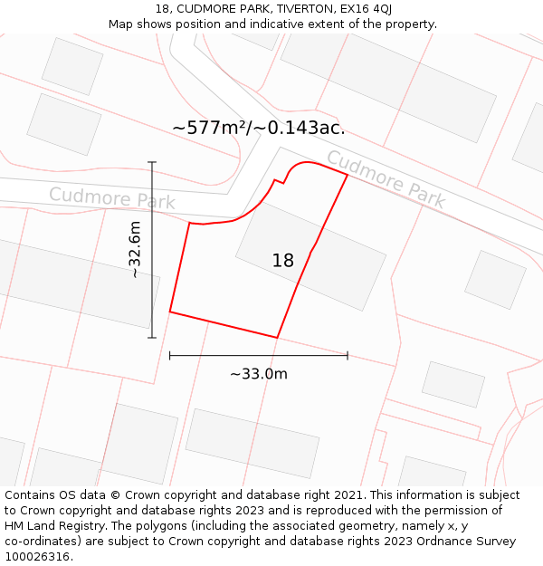 18, CUDMORE PARK, TIVERTON, EX16 4QJ: Plot and title map