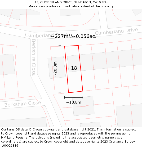 18, CUMBERLAND DRIVE, NUNEATON, CV10 8BU: Plot and title map