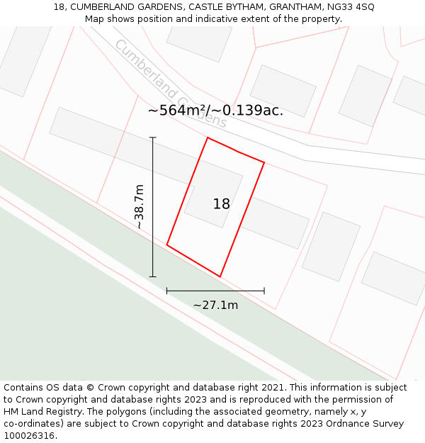 18, CUMBERLAND GARDENS, CASTLE BYTHAM, GRANTHAM, NG33 4SQ: Plot and title map