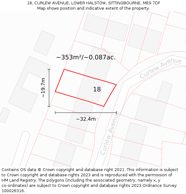 18, CURLEW AVENUE, LOWER HALSTOW, SITTINGBOURNE, ME9 7DF: Plot and title map